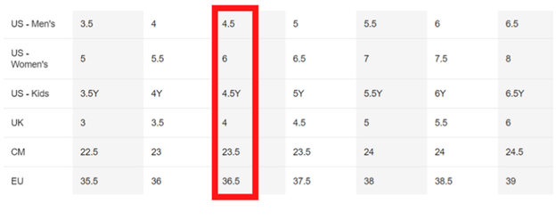 Nike shoes sizing chart