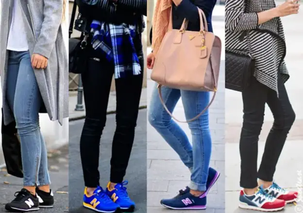 women wearing training sneakers casually with jeans