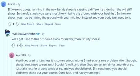 comments on new running shoes cause back pain due to the changing of stride