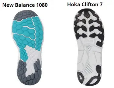 hoka clifton 7 shoes have carbon rubber, while new balance 1080 shoes have blown rubber on the outsole