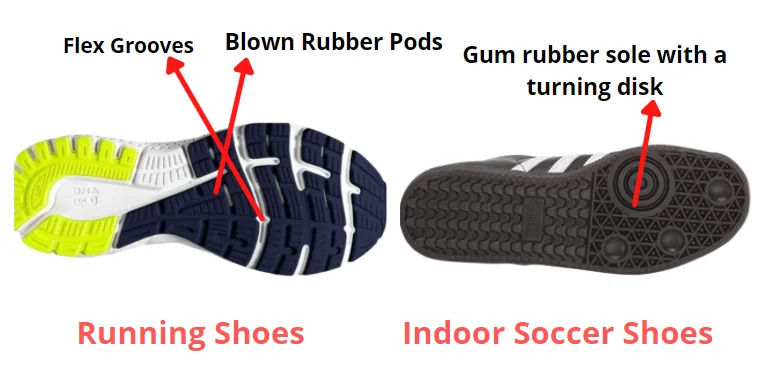 outsole comparison of running shoes and indoor soccer shoes