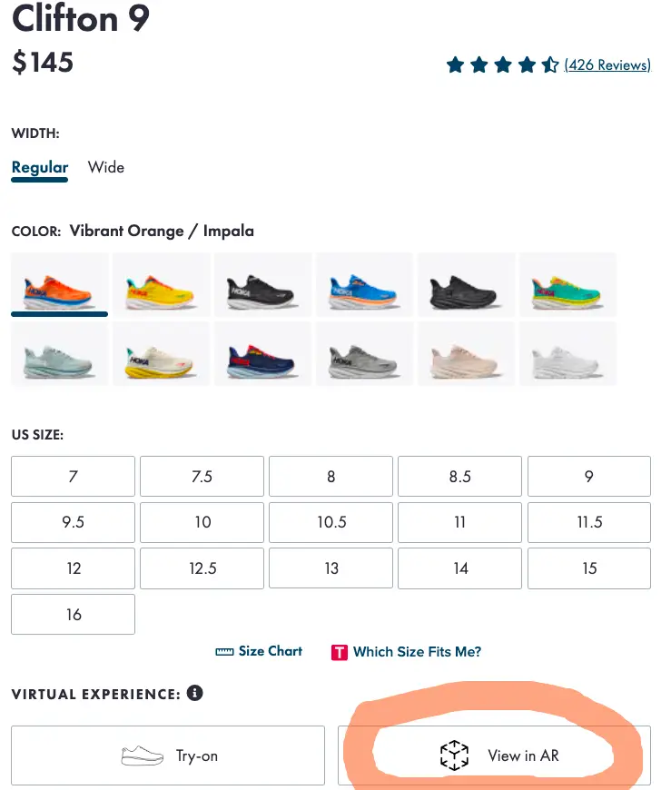 Augmented reality feature on Hoka website to experience the sizing of Hoka shoes virtually